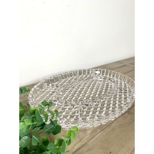 Vintage Clear Glass Divided Serving Platter Large 16.25” Oval Sectional Tray Thick Appetizers Relishes Charcuterie