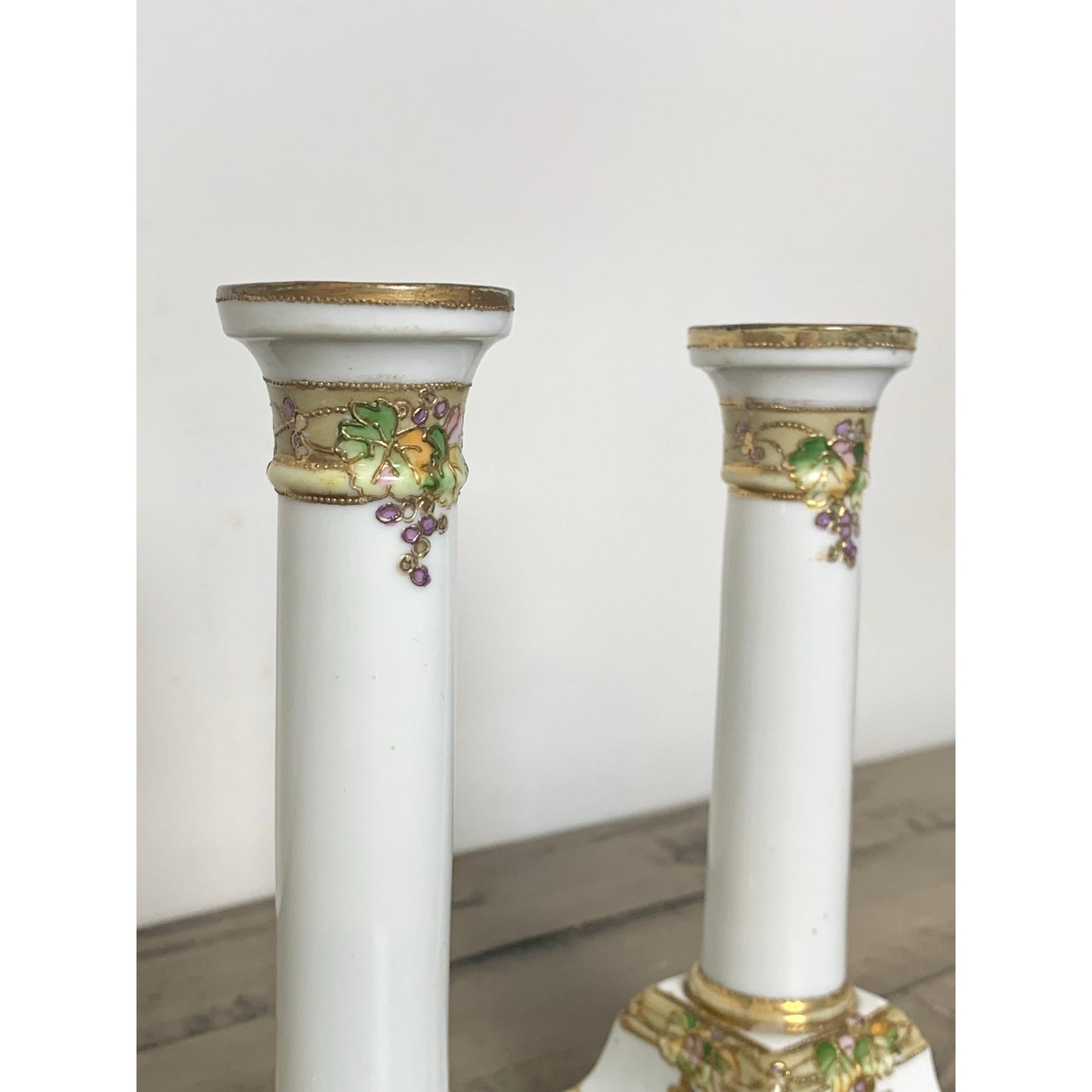 Antique Nippon Hand-Painted Candlestick Holders Pair Grape & Gold Moriage 7” H