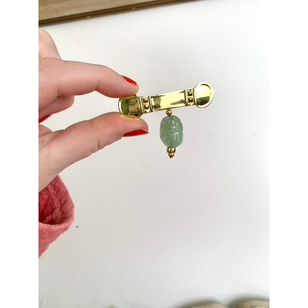Vintage Gold Tone Bar Brooch with Green Stone Dangle Jade Style Drop Pin
