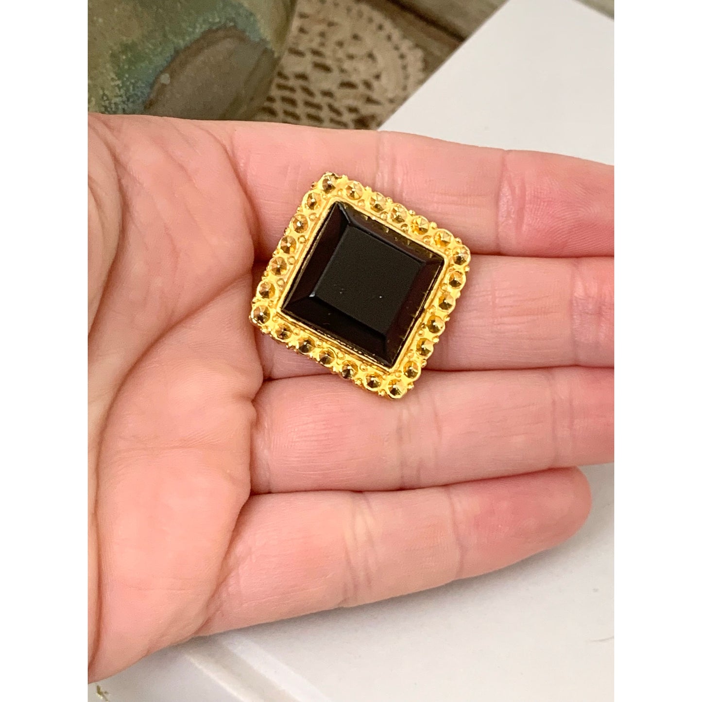 Bold Faceted Black Glass Brooch in Textured Gold Tone Frame Square Statement Pin Elegant