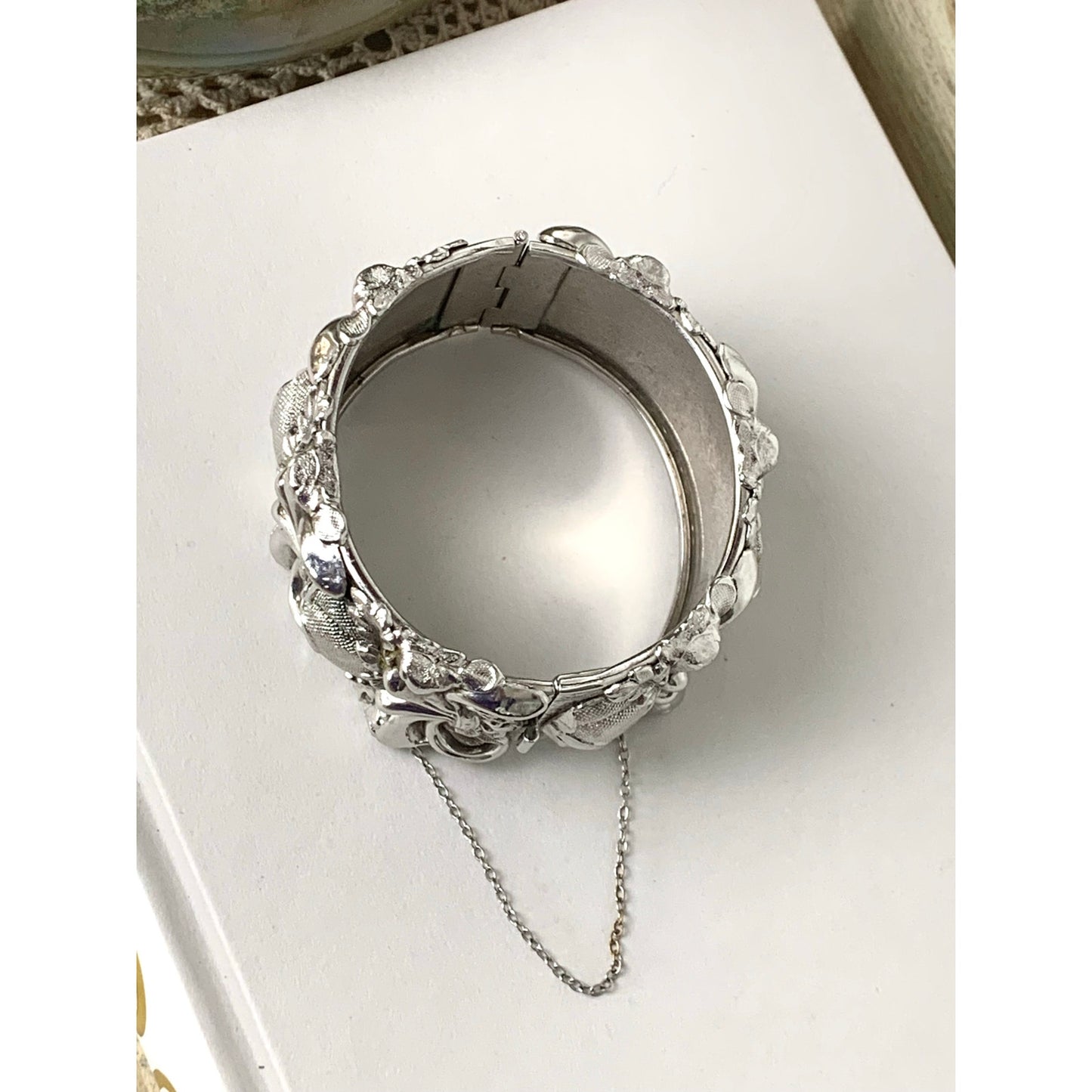 Vintage Wide Silver Tone Bracelet Whiting and Davis Style Repousse Floral Bangle