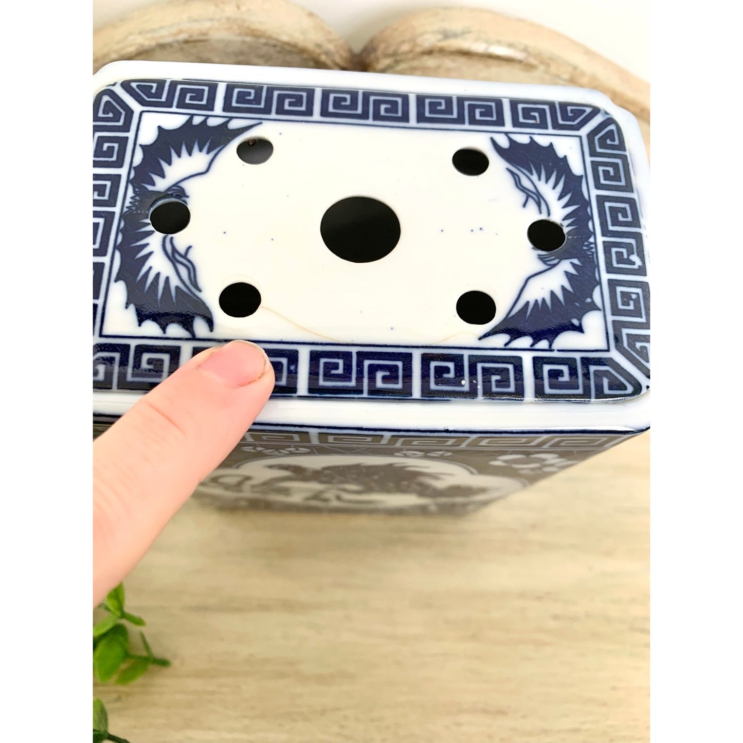 Vintage Chinoiserie Porcelain Flower Frog Blue White Foo Dog Vase Andrea by Sadek