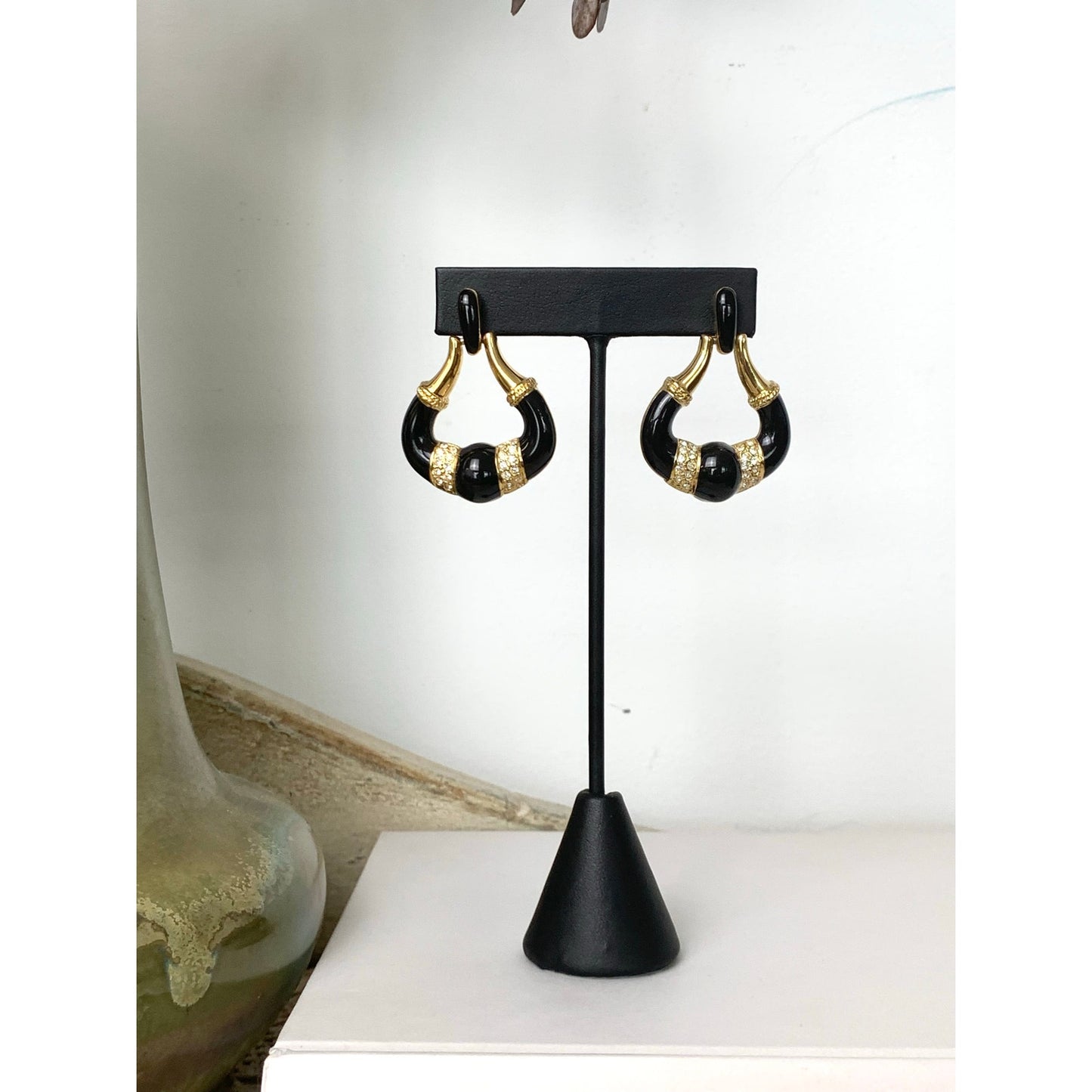 Vintage Black Enamel Rhinestone Goldtone Doorknocker Earrings Pierced Statement Glam