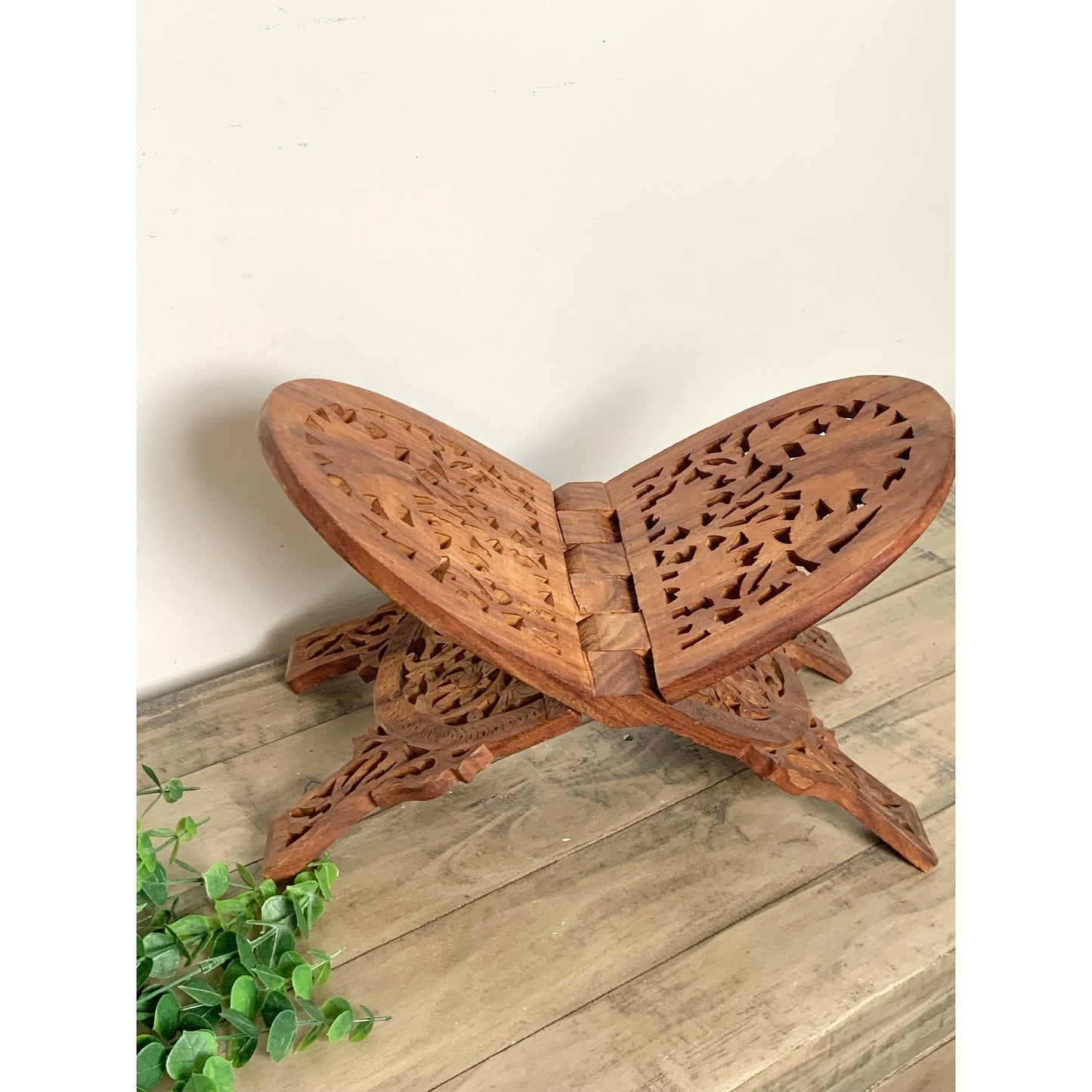 Vintage Hand Carved Wooden Book Stand Folding Ornate Cookbook Holder Mid Century