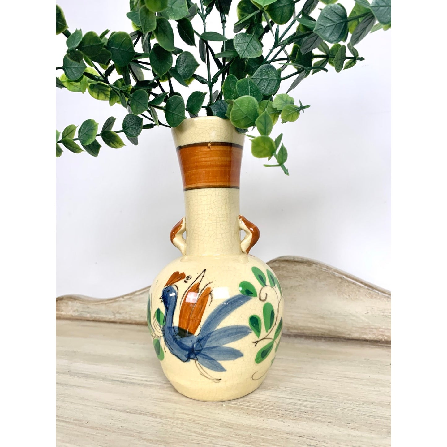 Vintage Thura Satsuma Vase Japan Ho Ho Bird Hand Painted Phoenix Mid Century