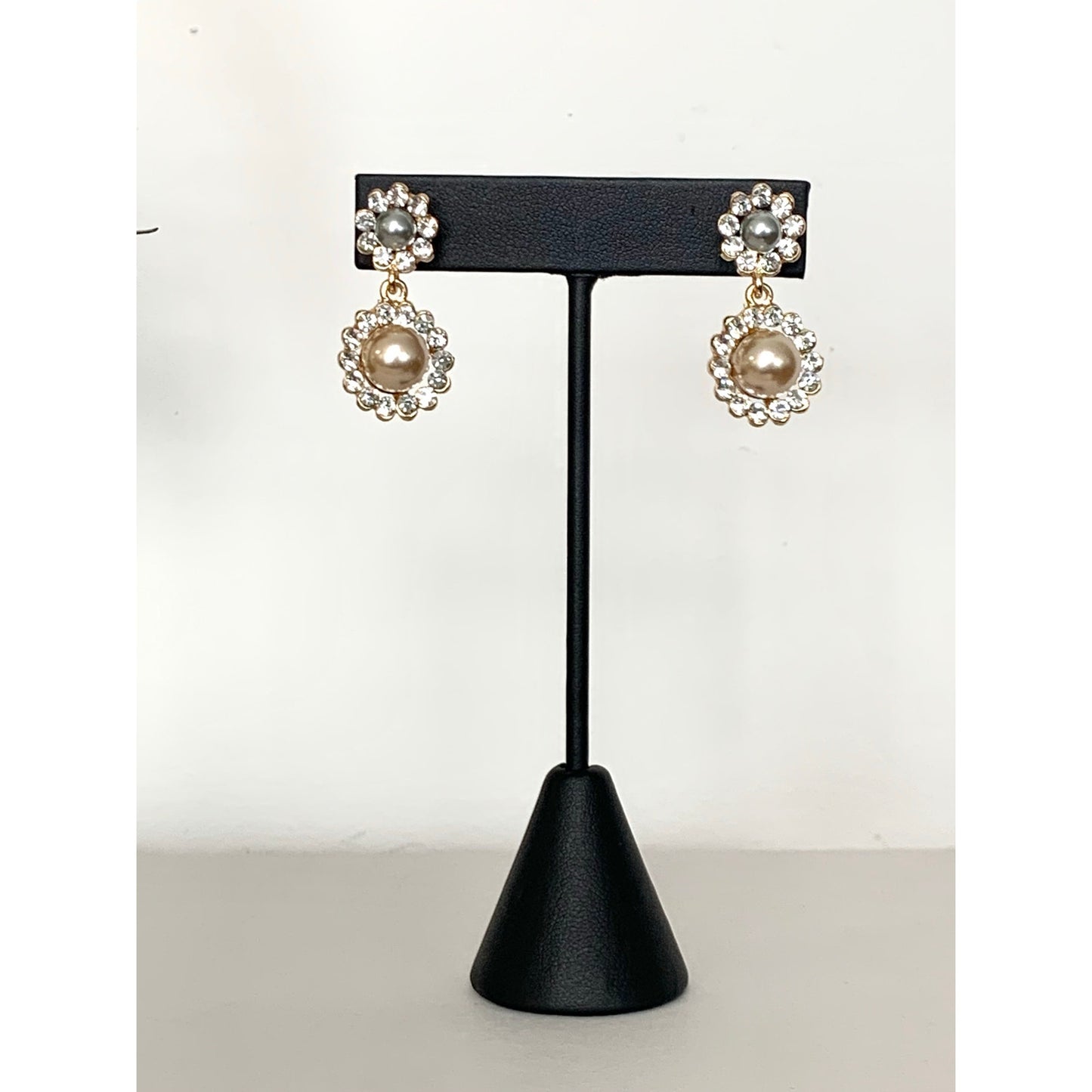 Statement Faux Pearl & Rhinestone Halo Post Back Drop Earrings Romantic Feminine