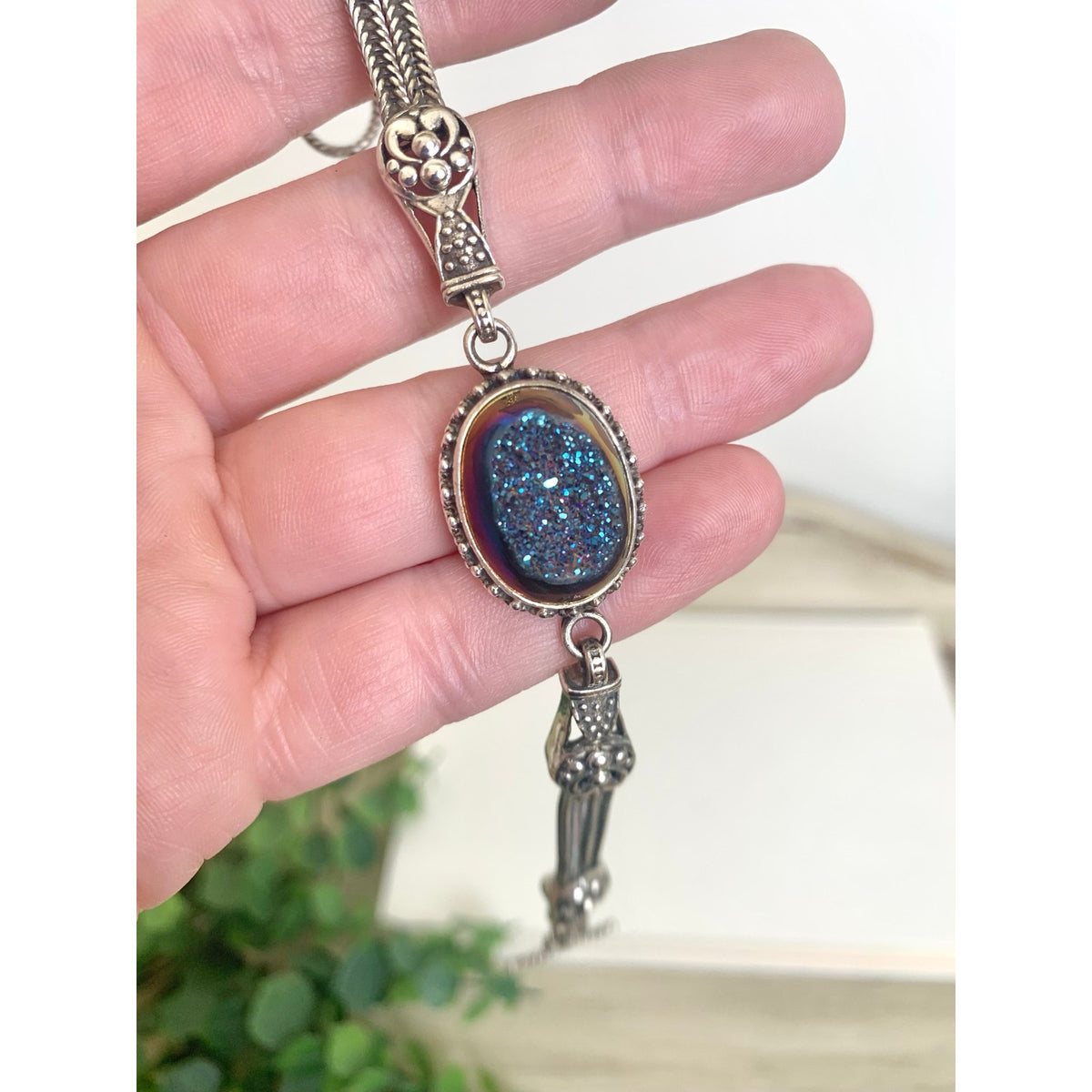 Vintage Sterling Silver Druzy Quartz Bracelet Blue Iridescent 925 Jewelry