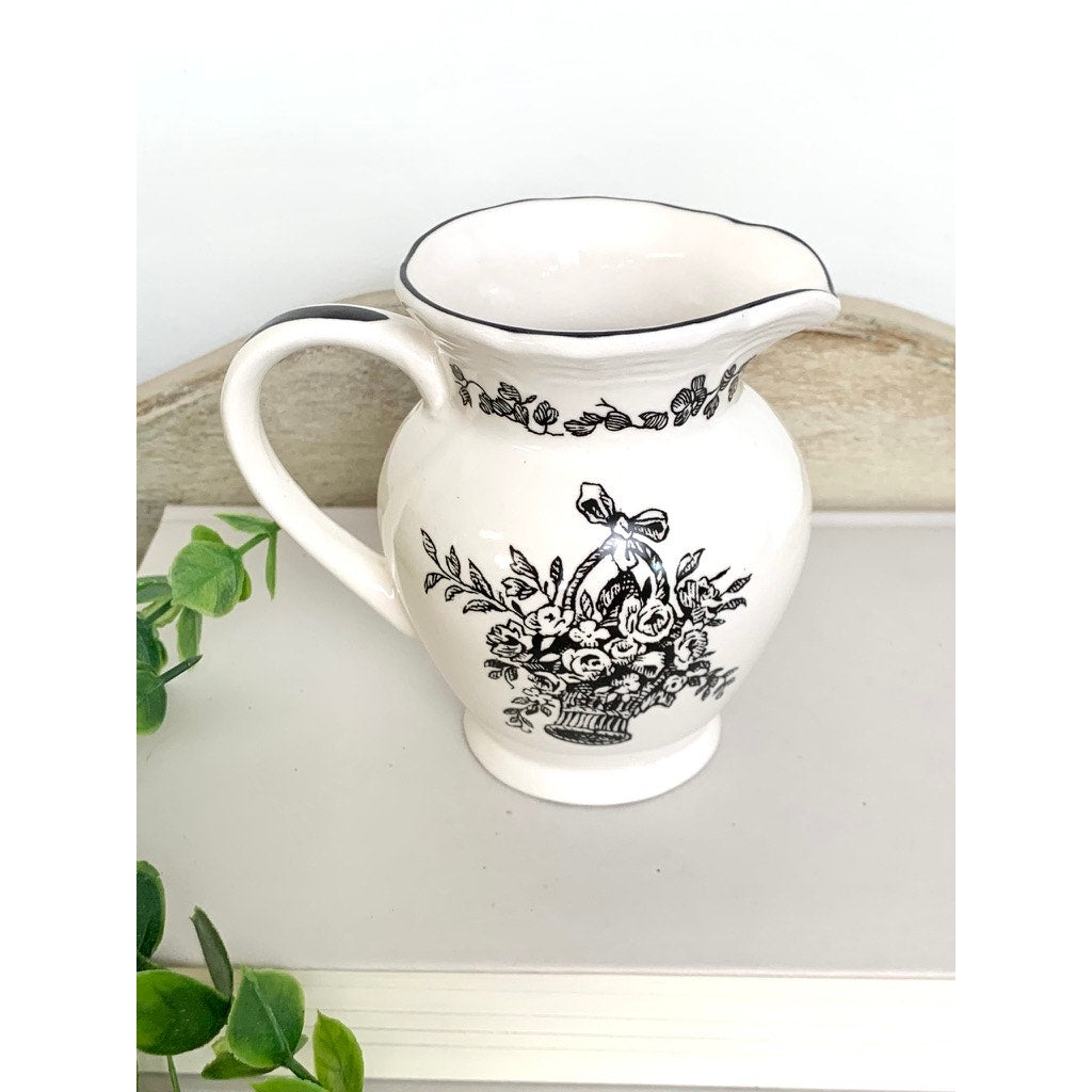 Vintage Black Transferware Creamer Vase New England Toile Farmhouse Cottage Whimsigoth