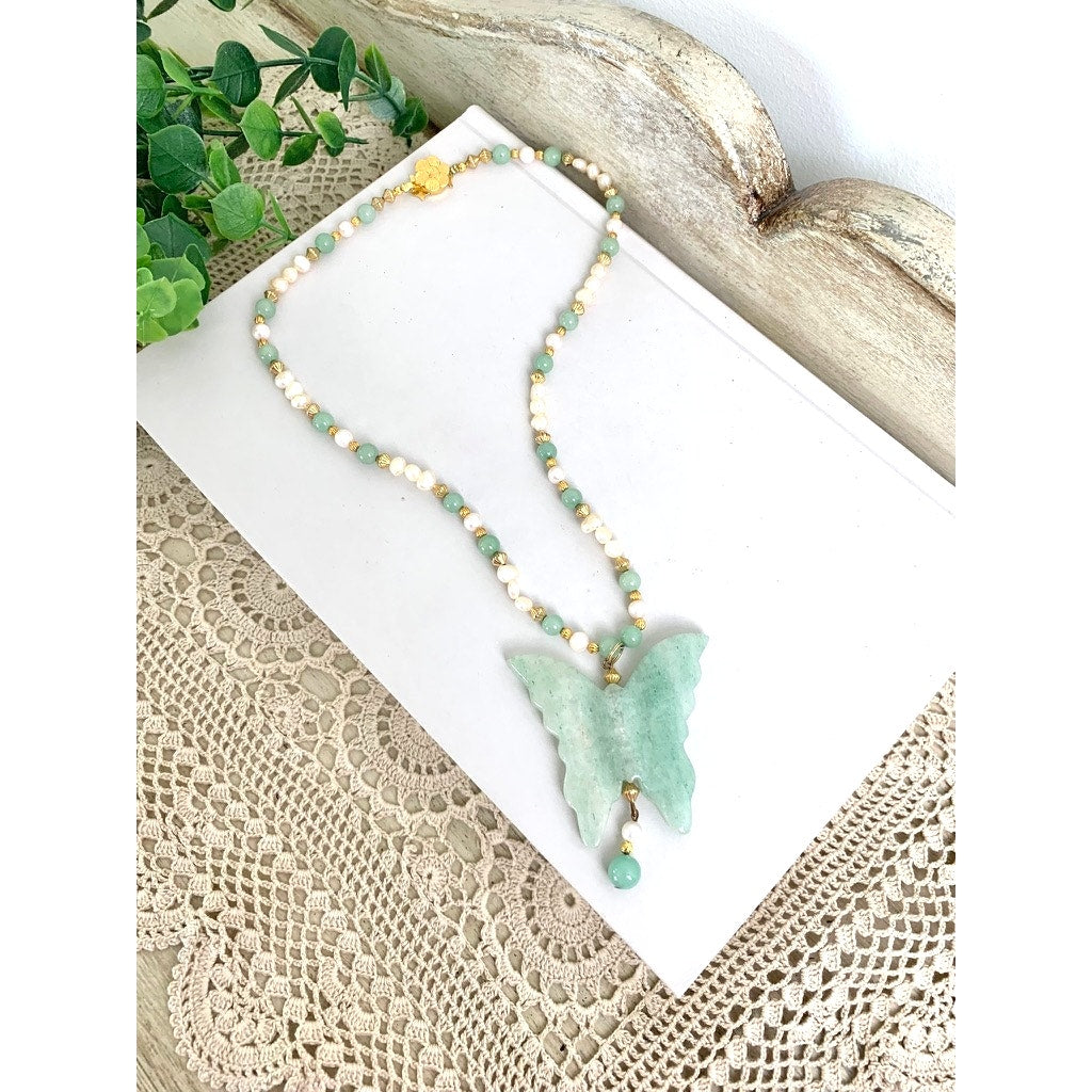 Vintage Jade Butterfly Pendant Necklace Pearl Beaded Green Stone Statement