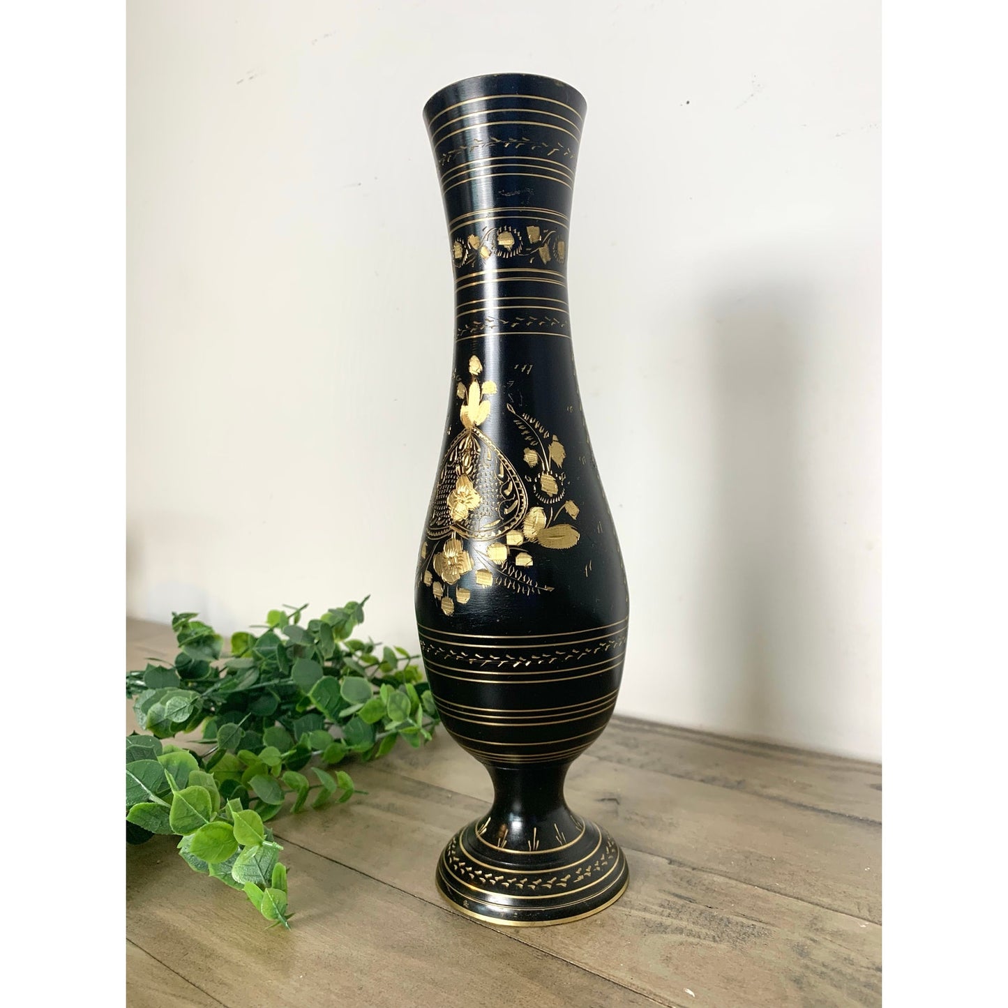 Vintage Black and Gold Etched Brass Metal Floral Pedestal Vase Boho Glam Moody