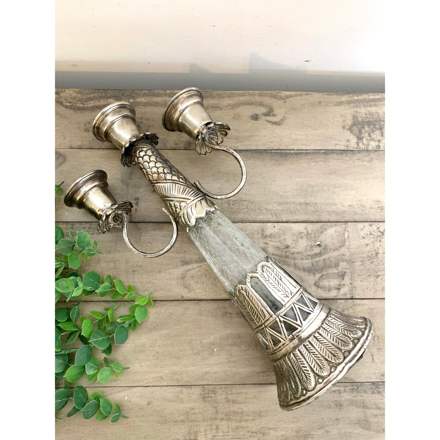 Vintage Ornate Silver Tone Candelabra Crackle Glass Stem Three Arm Candle Holder