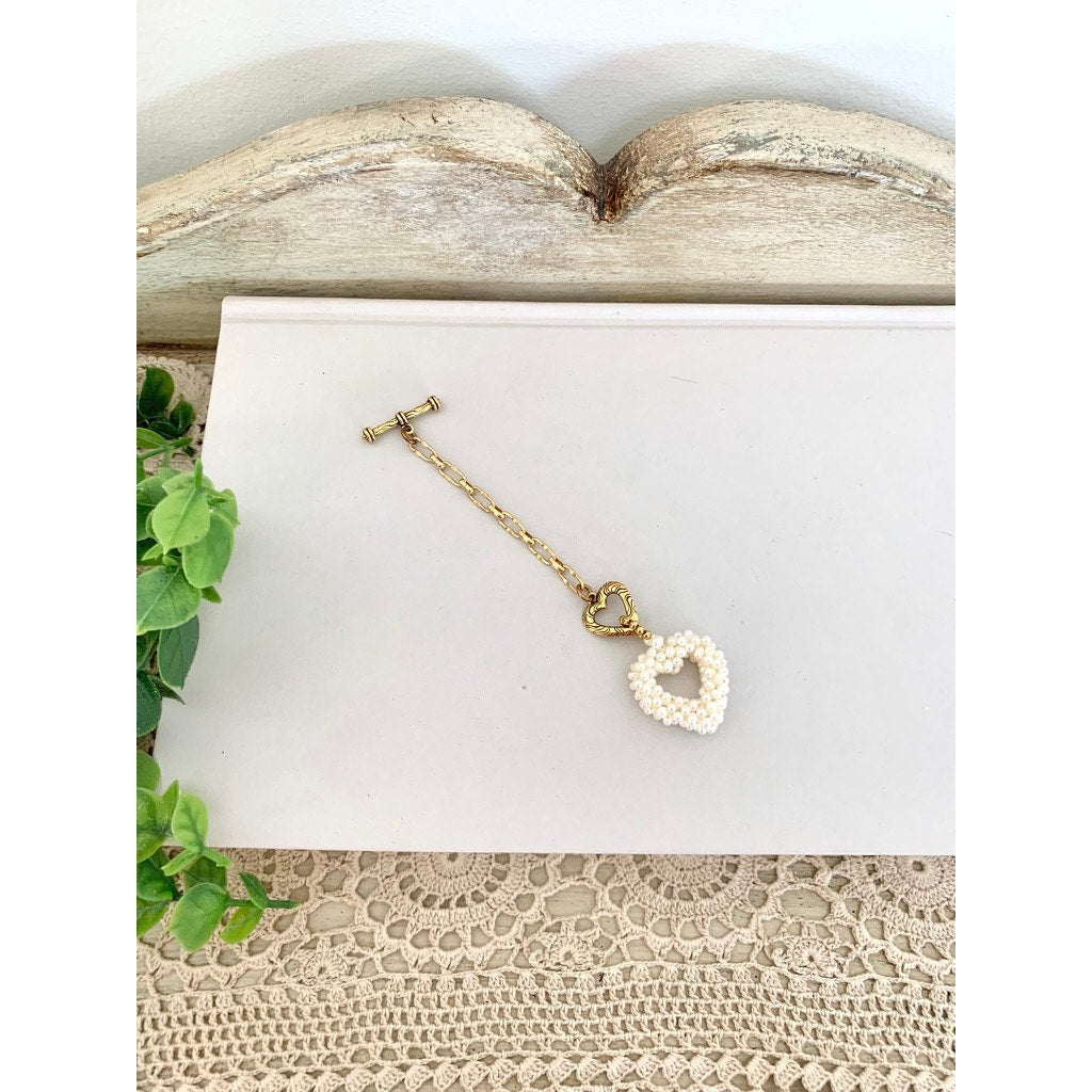 Beaded Pearl Heart Charm Gold Tone Toggle Extender Purse Keychain Romantic Jewelry