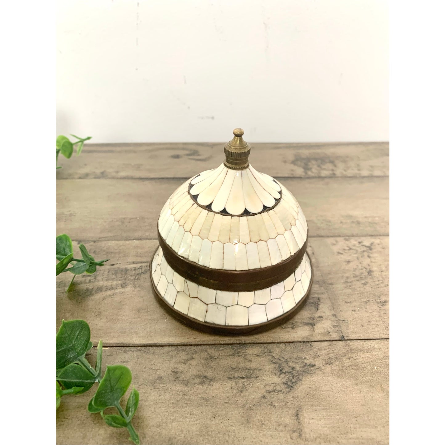 Vintage Inlaid Bone & Brass Domed Lidded Trinket Box Jewelry Storage Old Money