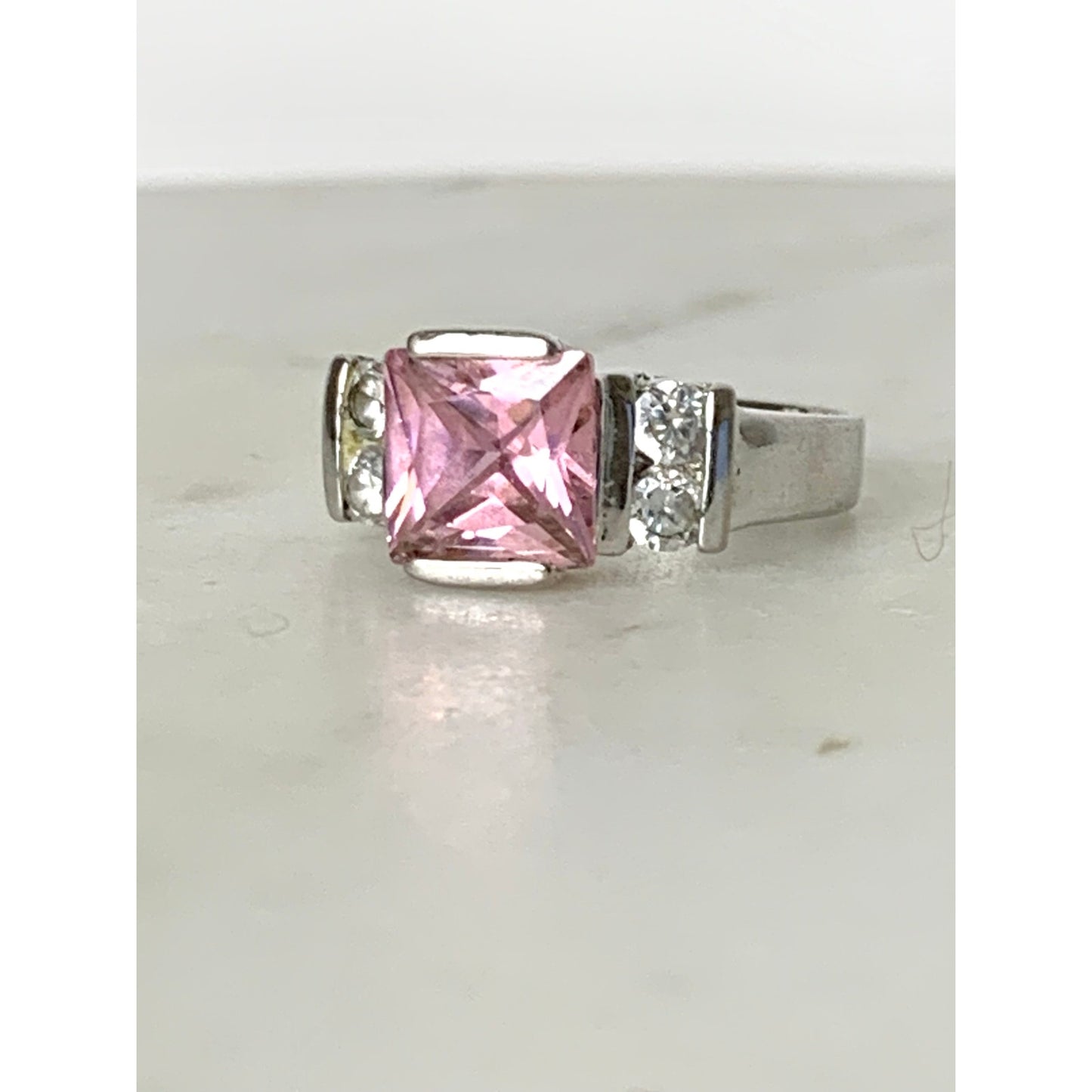 Vintage Sterling Silver Pink Princess Cut CZ Ring Size 8.25 Cocktail Art Deco