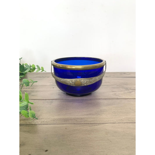 Vintage Cobalt Blue Glass Sugar Bowl with Ornate Brass Handle Old Worl Cottagecore