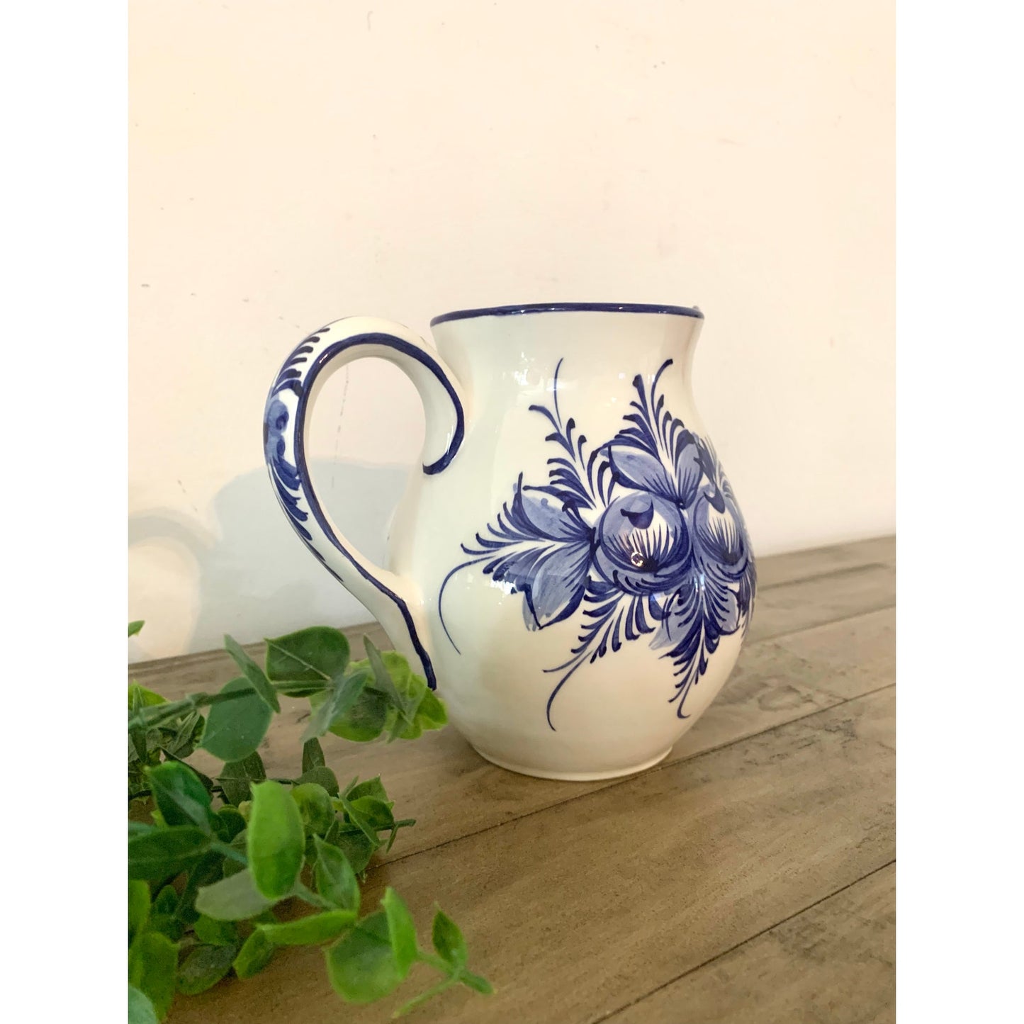 Vintage Blue & White Floral Pitcher Hand Painted Portugal Ceramic Vase Cottage