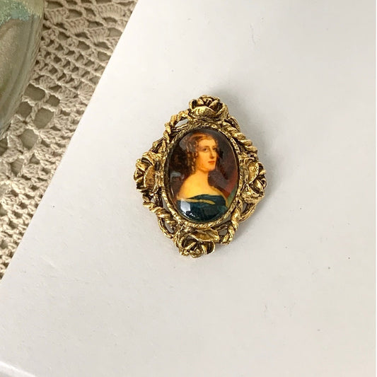 Vintage Portrait Brooch Hand Painted Porcelain Cameo Style Gold Tone Rose Frame Moody Old World Romantic