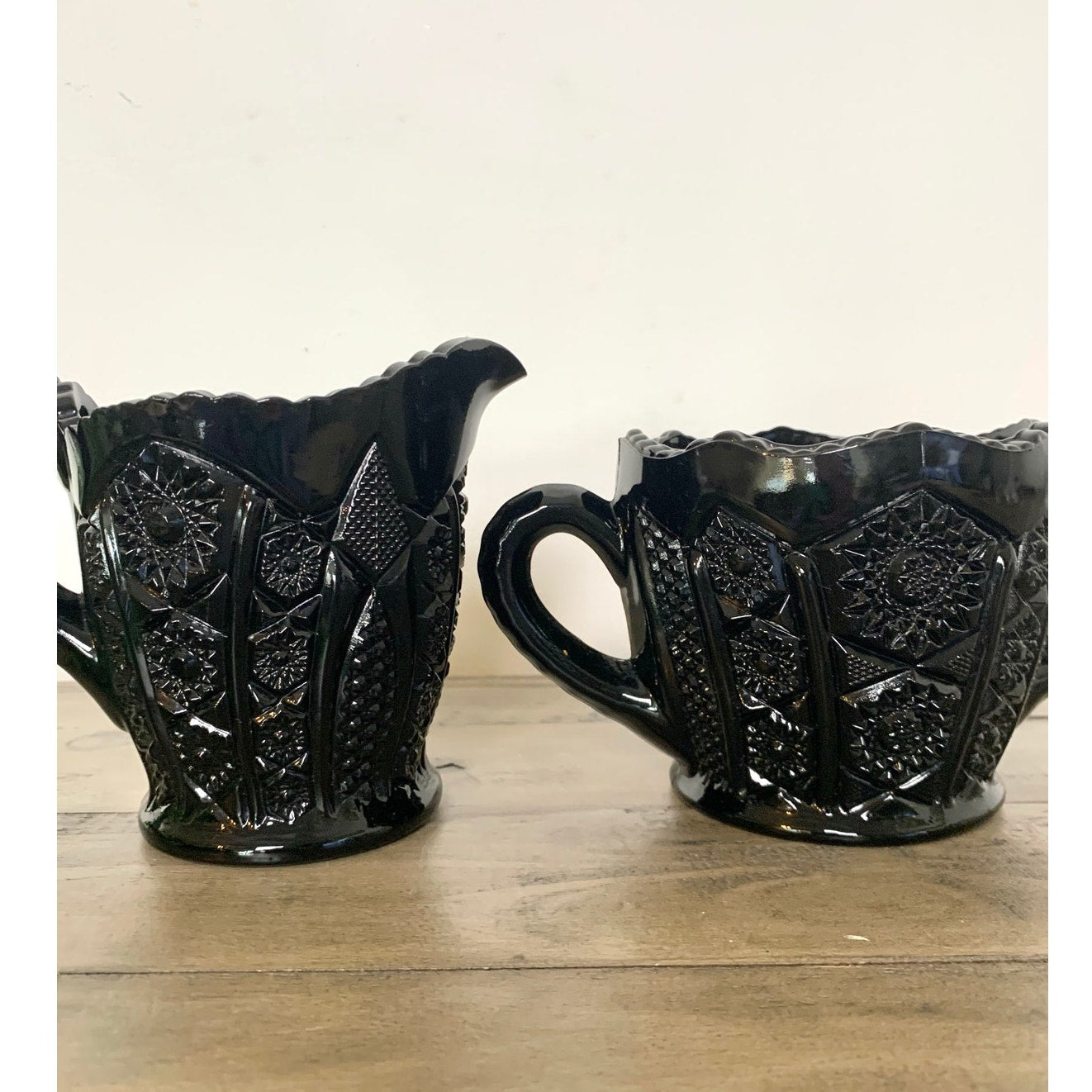 Vintage Tiara Indiana Glass Black Daisy Monarch Creamer and Sugar Set – Pressed Glass Mid Century Barware