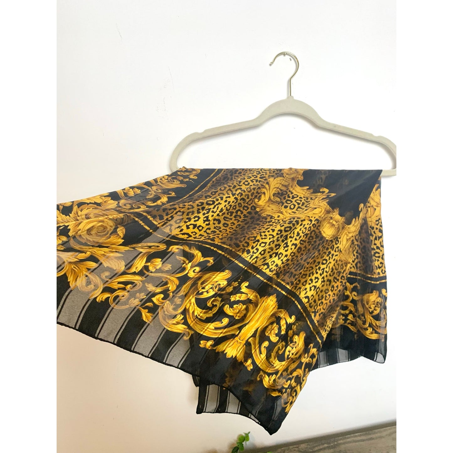 Vintage Kathie Lee Italy Scarf Baroque Leopard Print Black Gold Sheer Square Glam