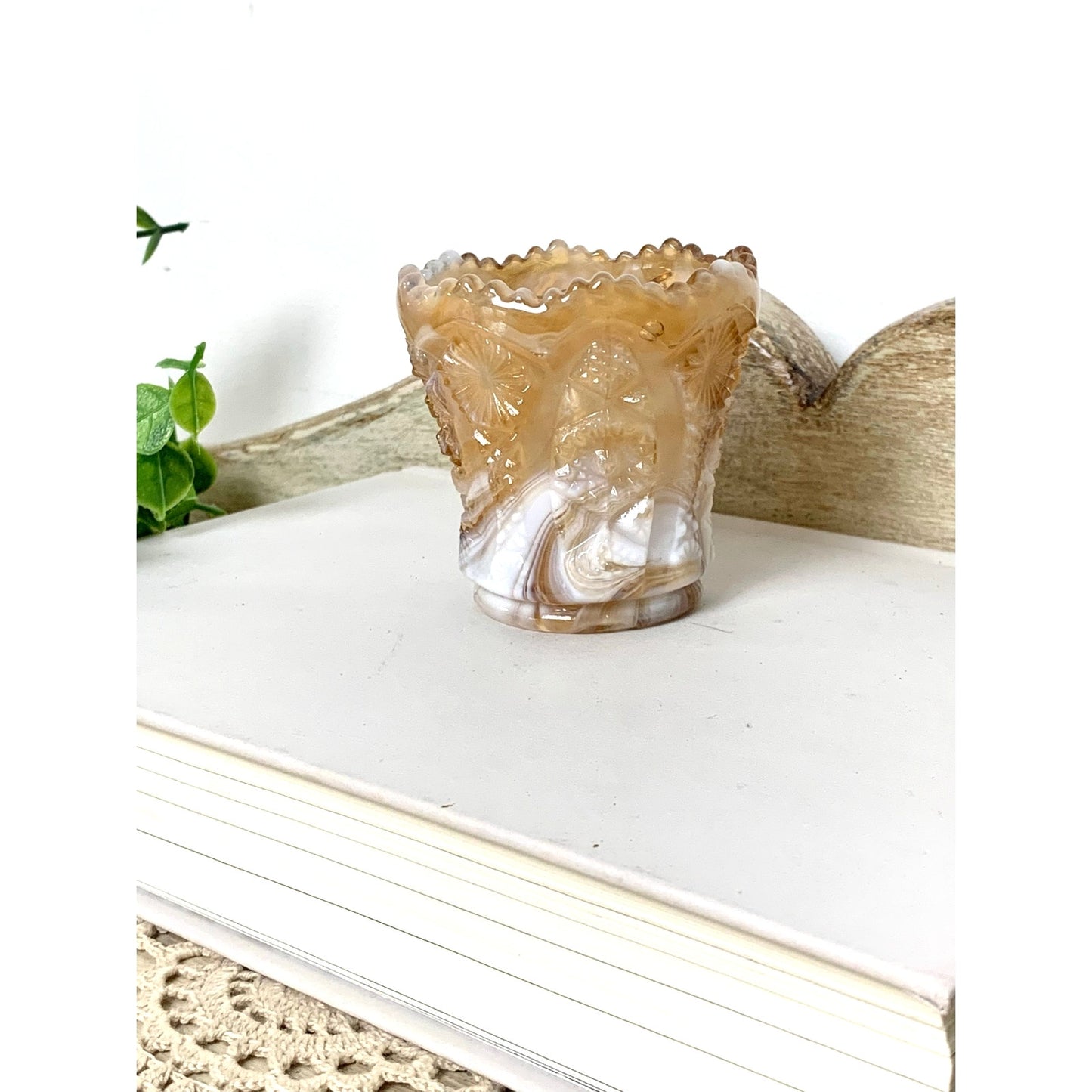 Vintage Imperial Slag Glass Toothpick Holder Caramel White Marbled Match Holder Votive