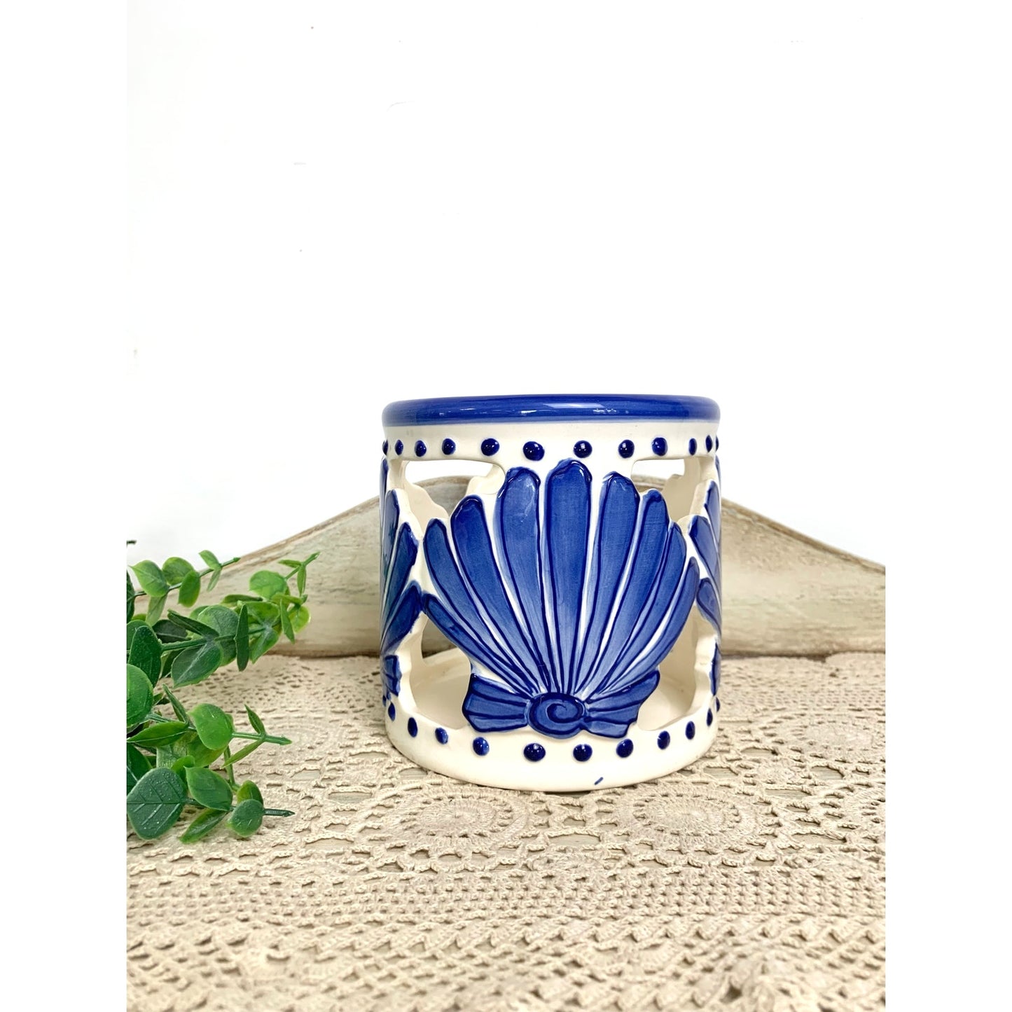 Vintage Blue and White Coastal Shell Candle Holder Ceramic Cutout Beach Votive