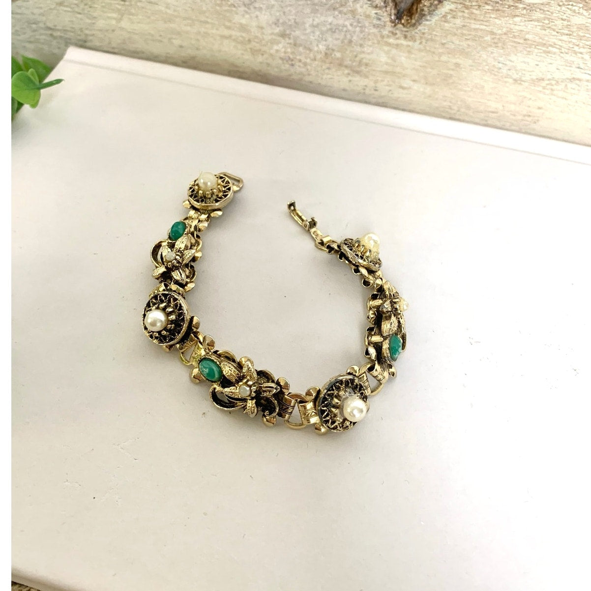 Vintage Victorian Revival Bracelet Goldtone Floral Link Faux Pearl Green Cabochon
