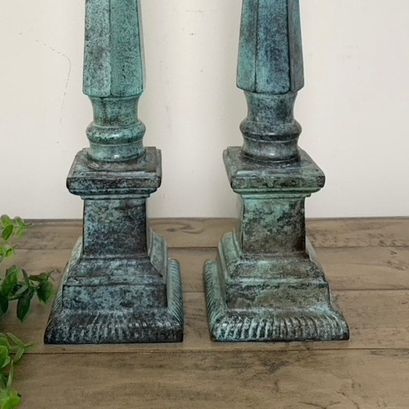 Verdigris Tall Metal Obelisk Finial Sculptures Pair Old Money Distressed 18.25 H