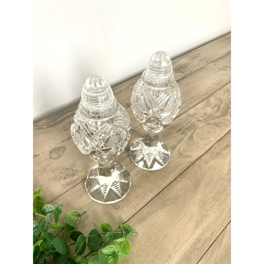 Vintage Cut Crystal Salt & Pepper Shakers Faceted Pedestal Pair with Starburst Pattern