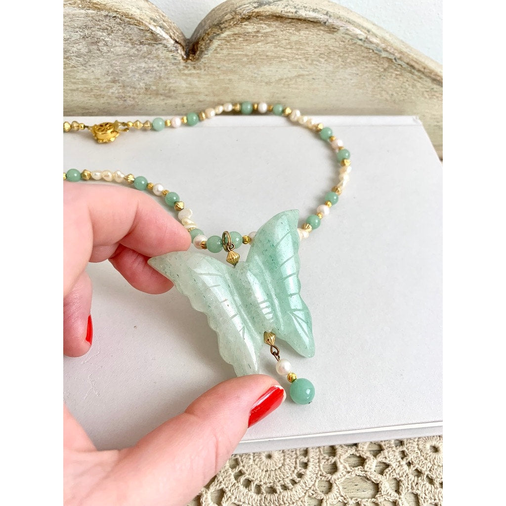 Vintage Jade Butterfly Pendant Necklace Pearl Beaded Green Stone Statement