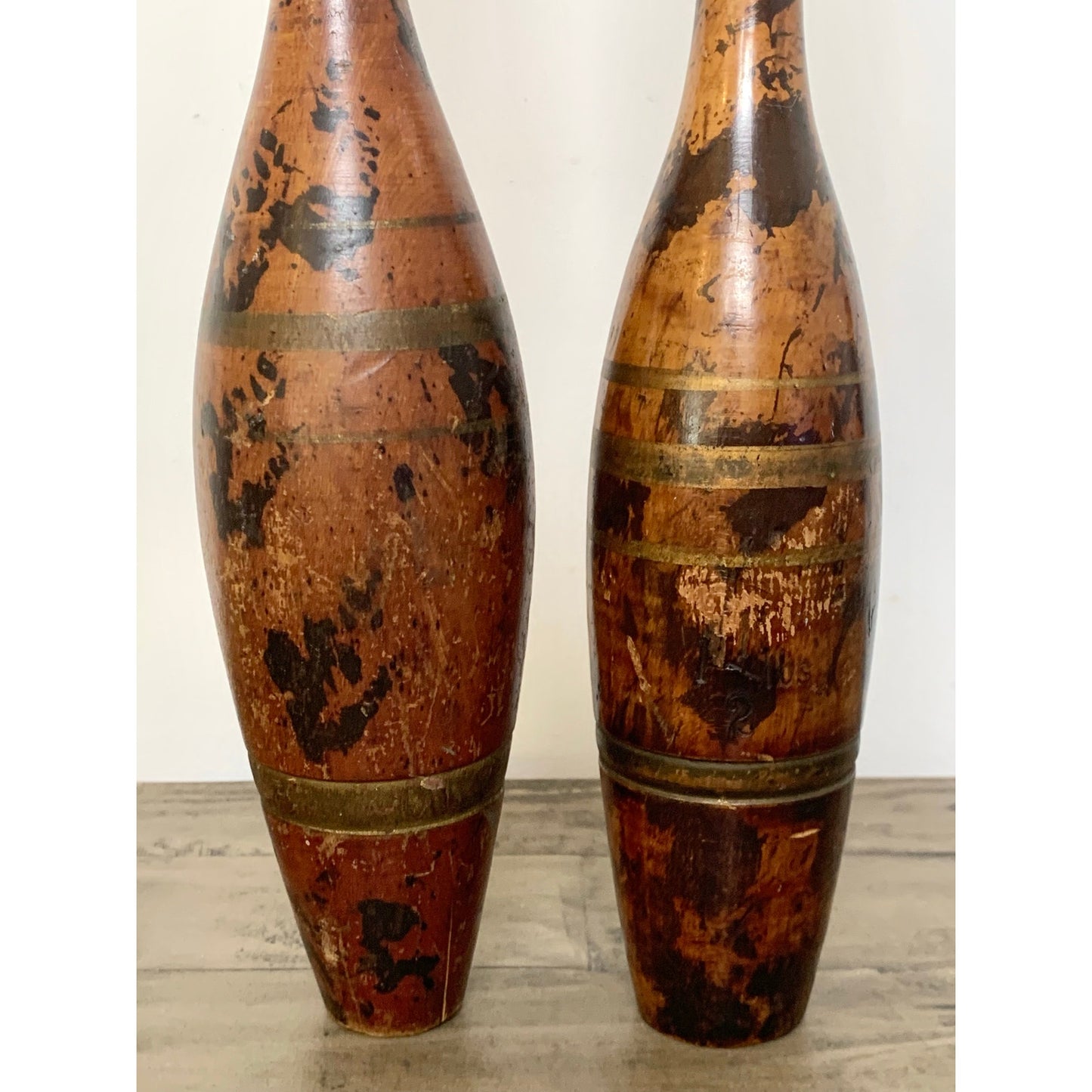 Antique Wooden Indian Clubs Rustic Decorative Skittles Pair Pins Old Money Aged