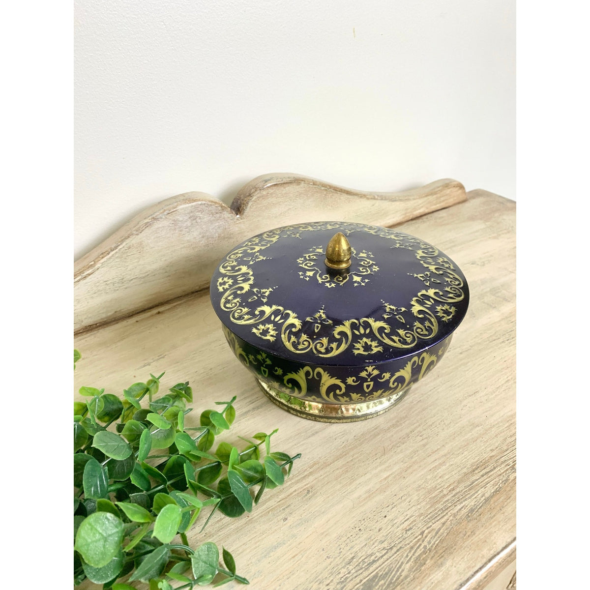 Vintage English Lidded Tin Tea Caddy Biscuit Tin Cobalt Blue Gold Lidded Container