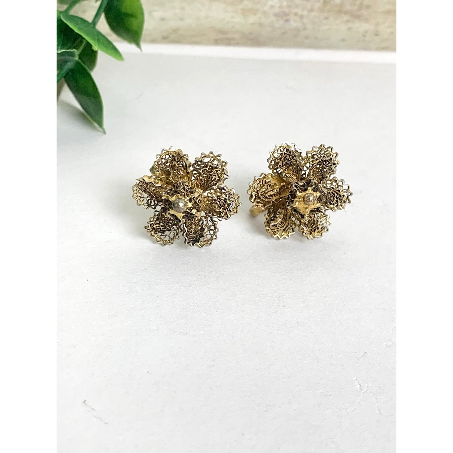Vintage Goldtone Filigree Flower Screw Back Earrings Mid Century Romantic Feminine