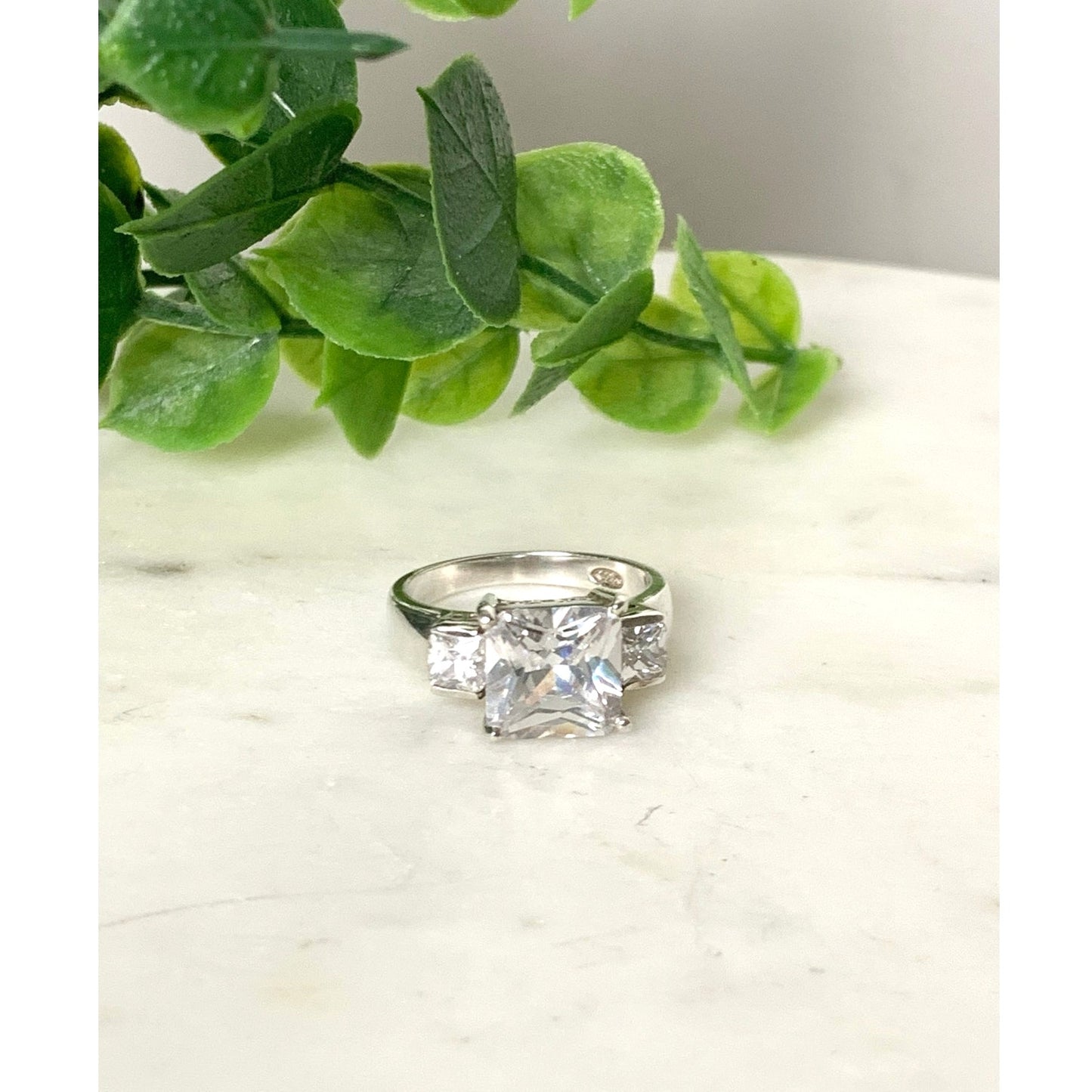 Vintage Sterling Silver Ring with Cubic Zirconia Size 7.25 Princess Cut - 925