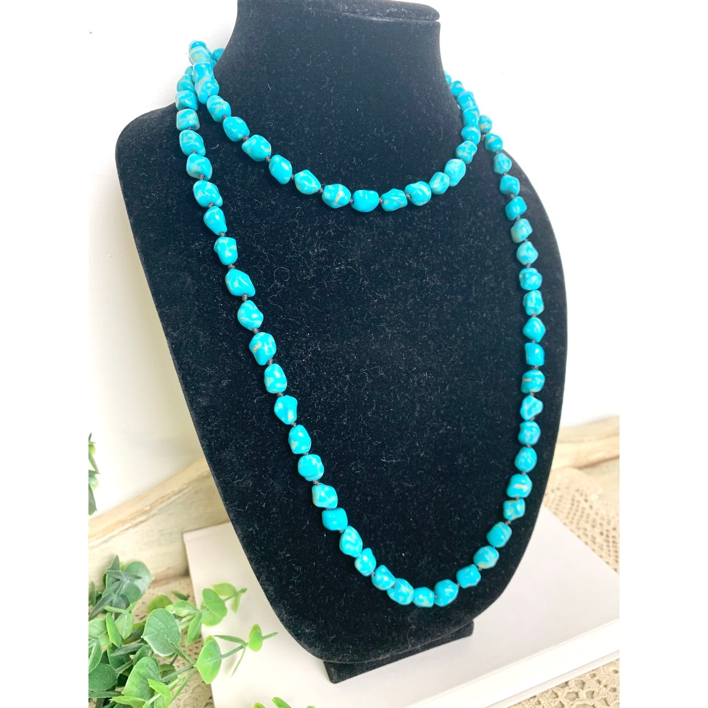 Blue Turquoise Nugget Beaded Necklace Long Vintage Southwestern Boho Jewelry 46"