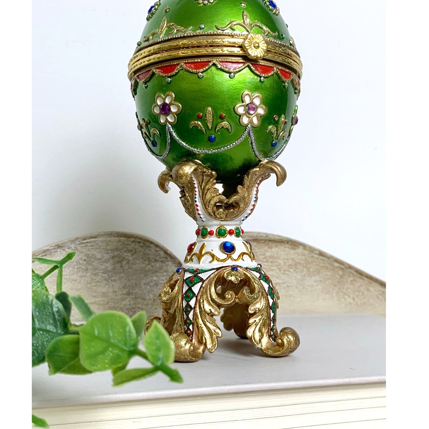 Vintage Faberge Style Green Enamel Egg Trinket Box Jeweled Pedestal Jewelry Box