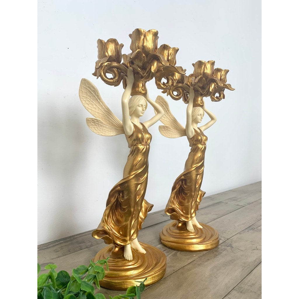 Vintage Art Nouveau Style Winged Women Candelabra Pair Gold Figural Fairy Candle