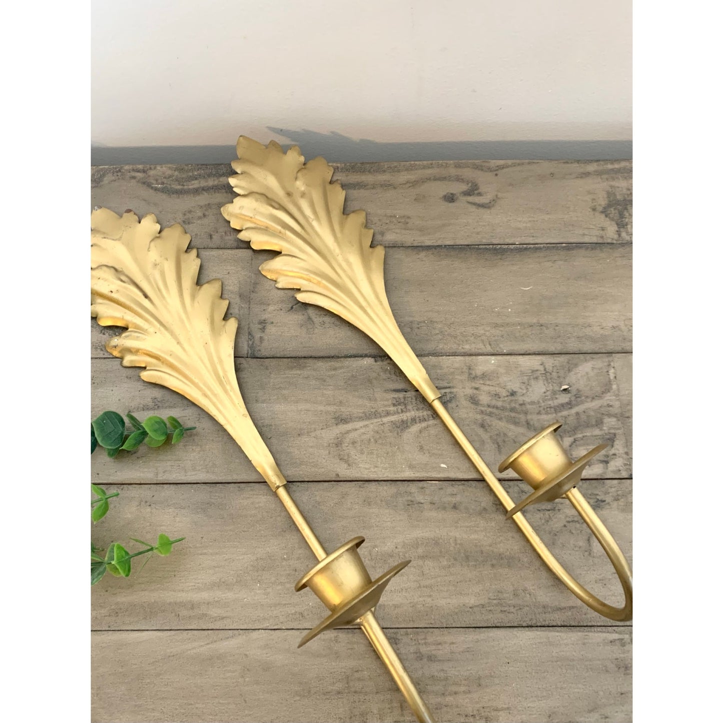 Vintage Gold Leaf Wall Sconces Pair Candleholders Hollywood Regency 15.5 Mid Century Glam