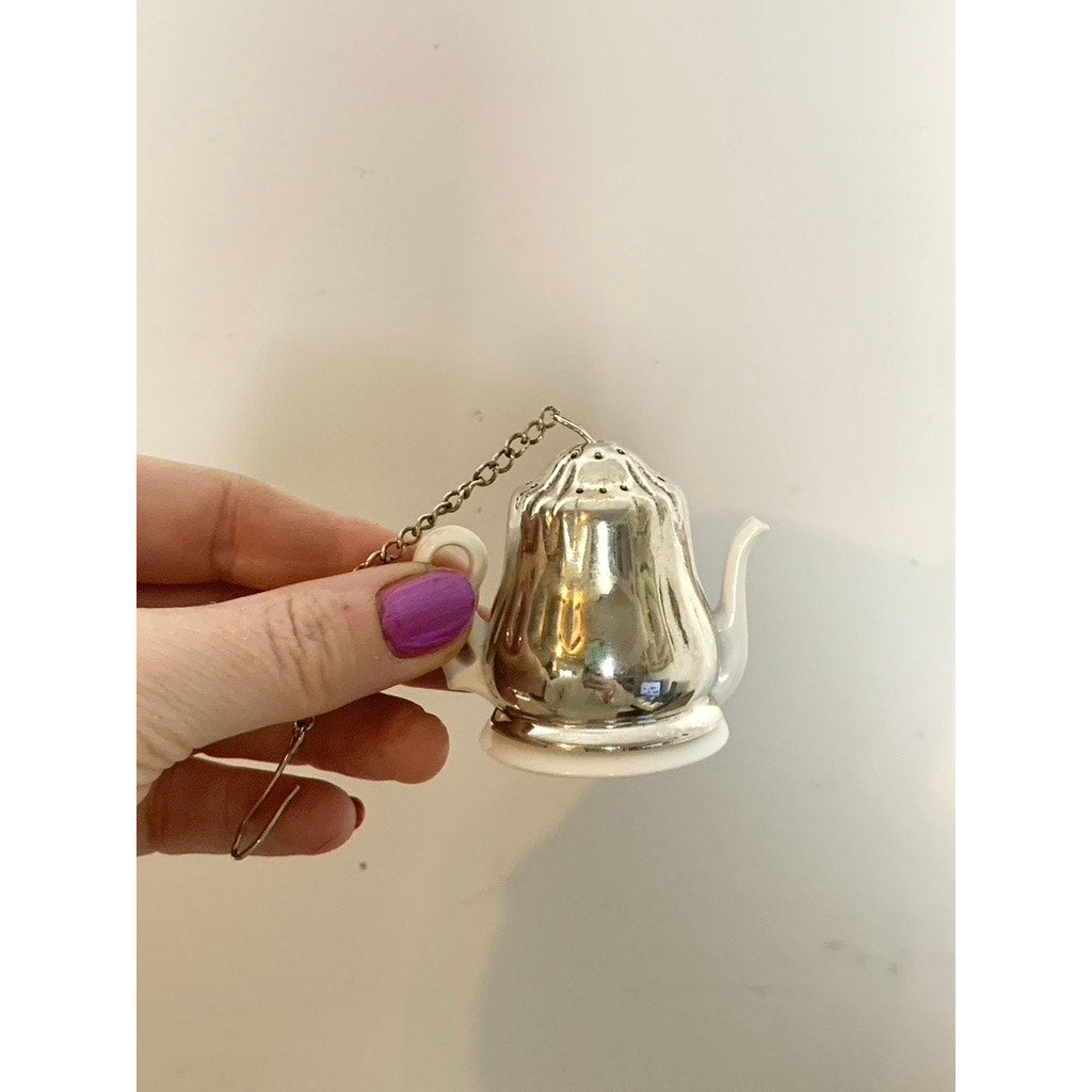 Vintage Silverplate Tea Infuser Set Mini Teapot Tea Strainers with Drip Trays