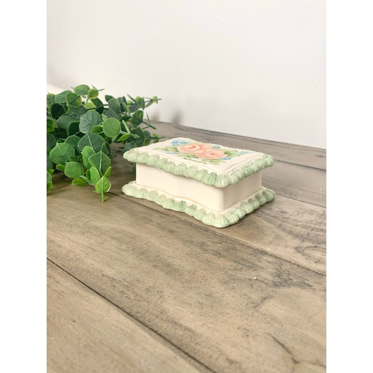 Vintage Hand-Painted Porcelain Trinket Box 1983 Shabby Cottage Pastel Floral Jewelry Box