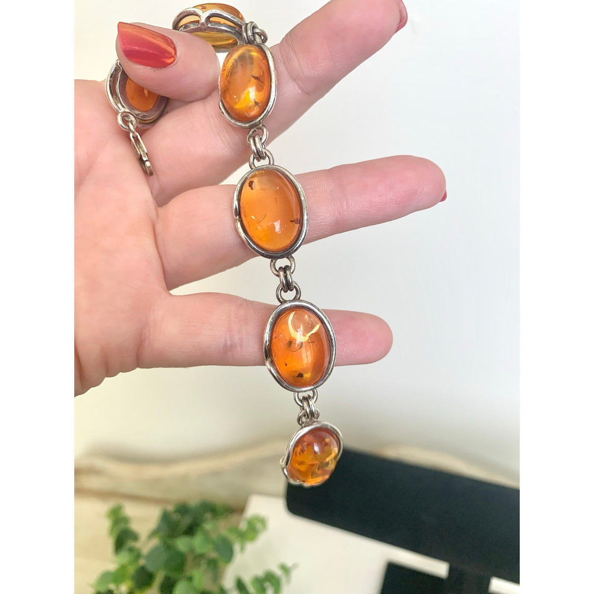 Vintage 925 Sterling Silver Amber Bracelet Six Stone Oval Link Jewelry Boho Southwestern