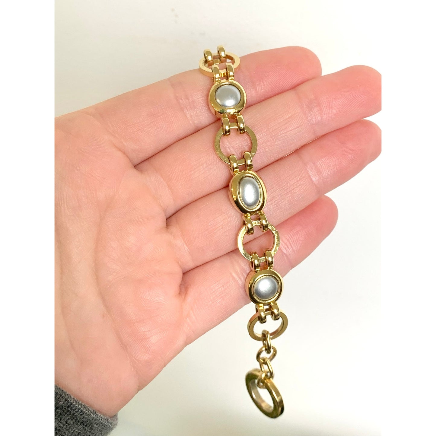 Vintage Liz Claiborne Bracelet Goldtone Silver Cabochon Toggle Bracelet Signed