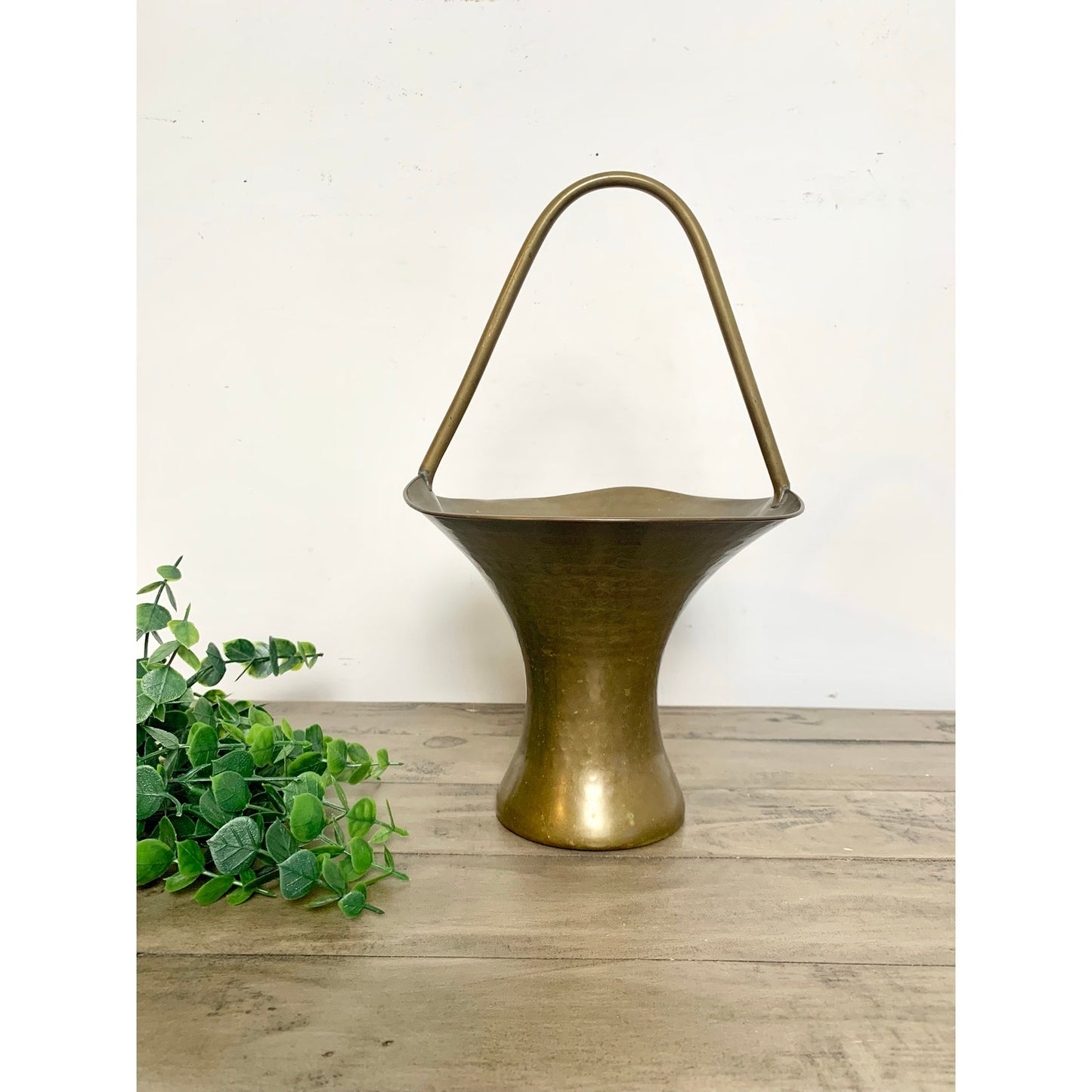 Vintage Hammered Brass Basket Vase Planter Mid Century Patina Brass Vessel