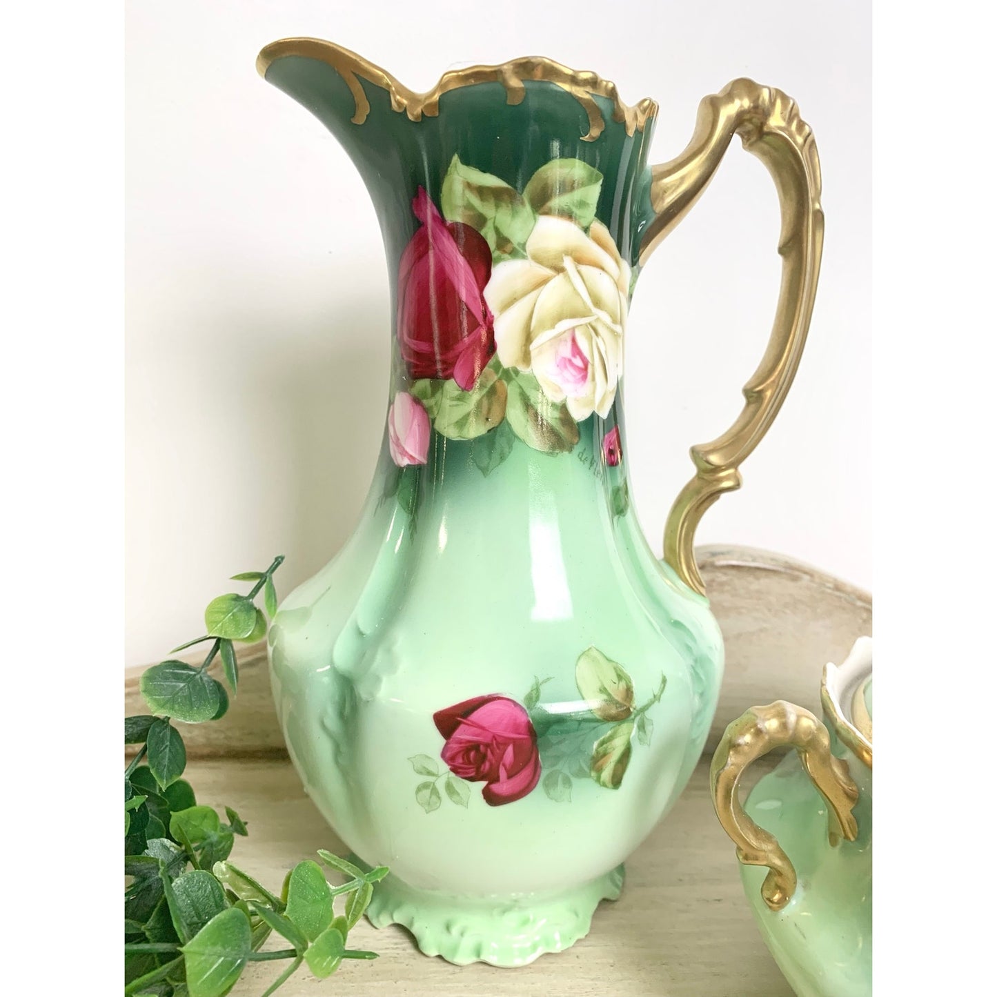 Antique Royal Munich Bavarian Hand Painted Rose Pitcher Ewer Covered Tureen Set