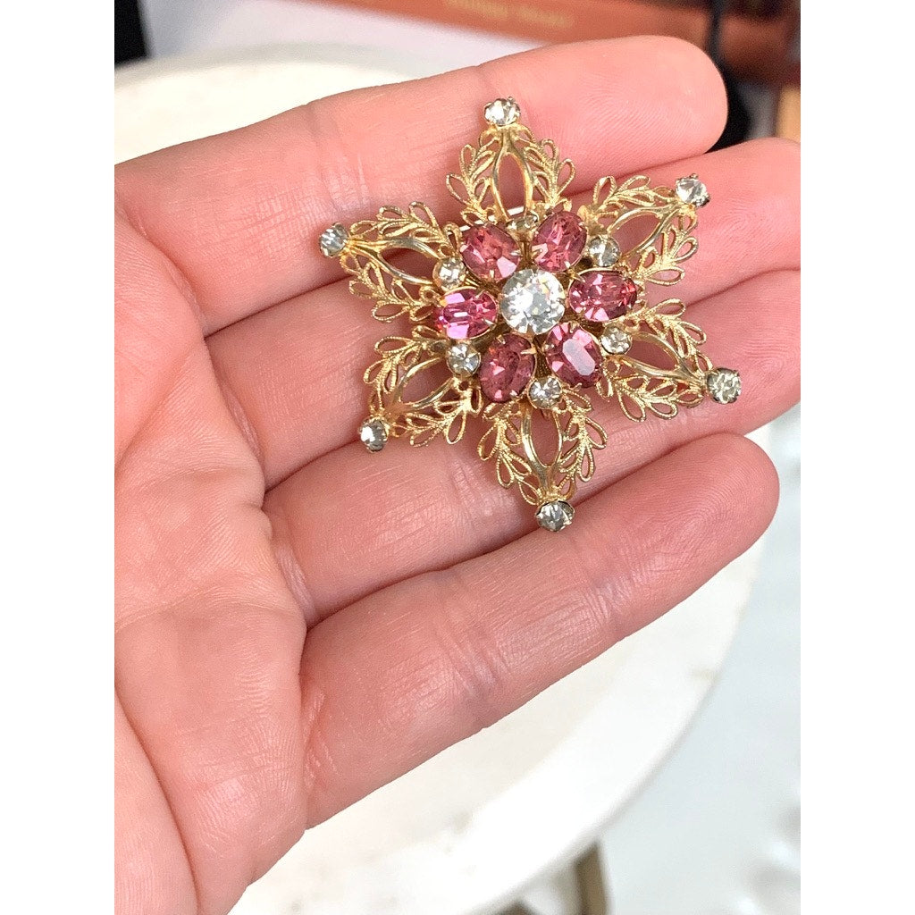 Vintage Scitarelli Pink Rhinestone Starburst Brooch Pendant Gold Tone Filigree Mid Century