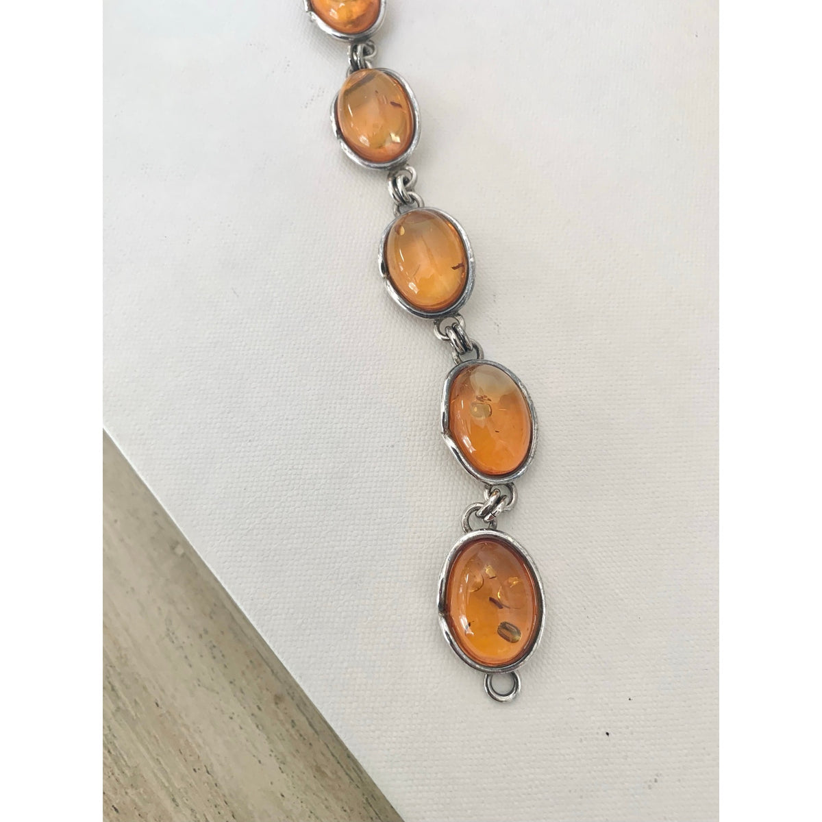 Vintage 925 Sterling Silver Amber Bracelet Six Stone Oval Link Jewelry Boho Southwestern
