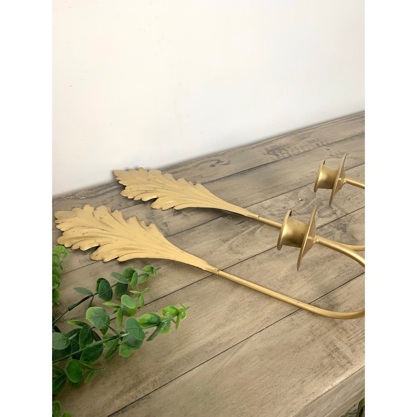 Vintage Gold Leaf Wall Sconces Pair Candleholders Hollywood Regency 15.5 Mid Century Glam