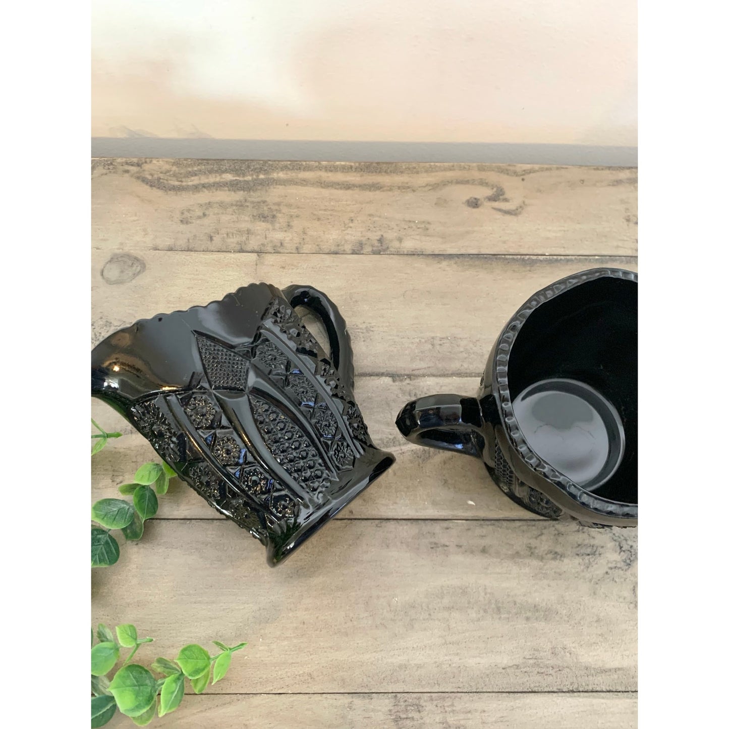 Vintage Tiara Indiana Glass Black Daisy Monarch Creamer and Sugar Set – Pressed Glass Mid Century Barware