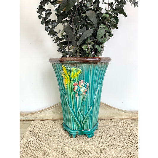 Vintage Majolica Style Teal Ceramic Vase Butterfly Floral Cottagecore Decor Mid Century