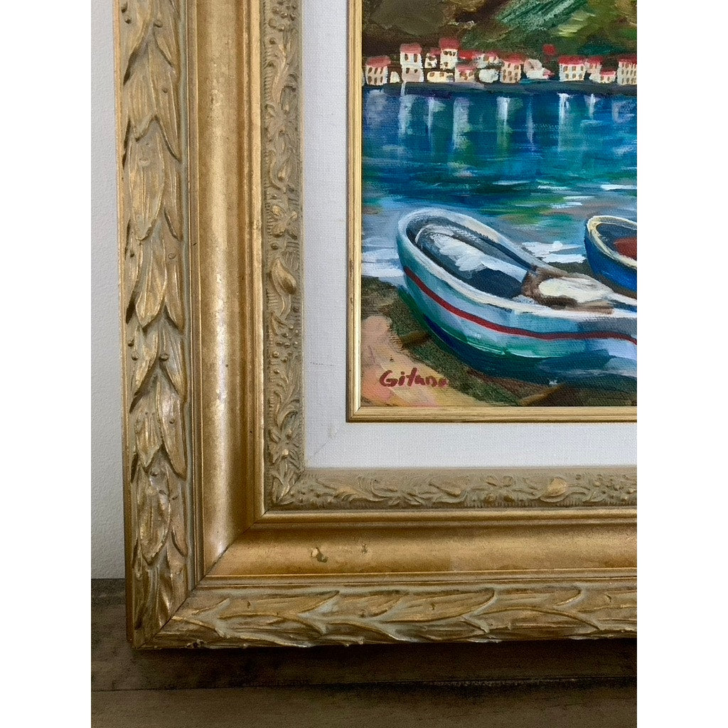 Mediterranean Oil Painting with Boats Signed & Framed