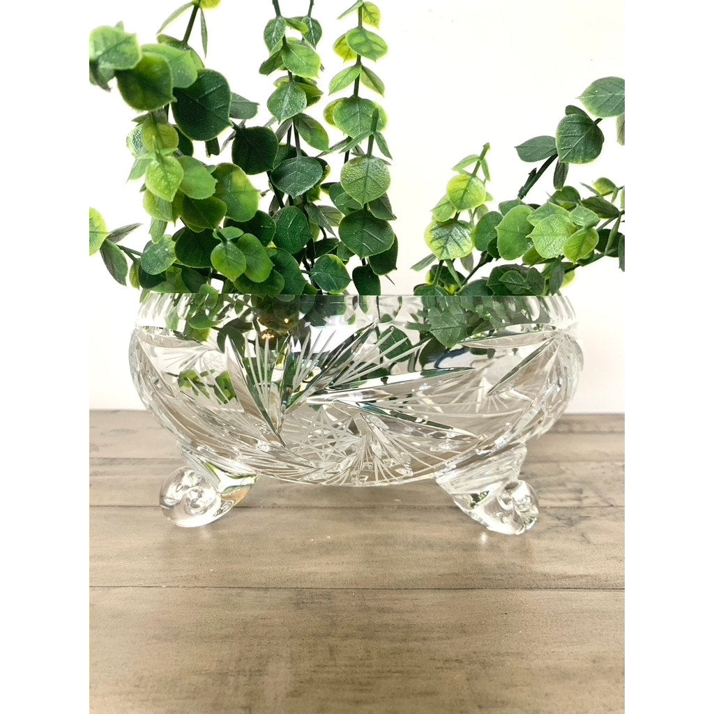 Vintage Cut Crystal Footed Bowl Starburst Centerpiece Vase Fruit Bowl on Three Feet Elegant Serving